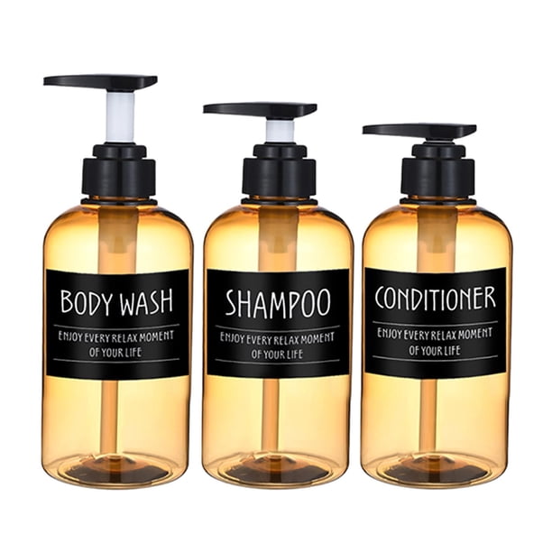 Advancent Dispensador de jabón espumoso de 3 piezas, loción, bomba de champú, botella de 500ml Juegos de accesorios de baño Etiqueta negra amarilla 300 ml