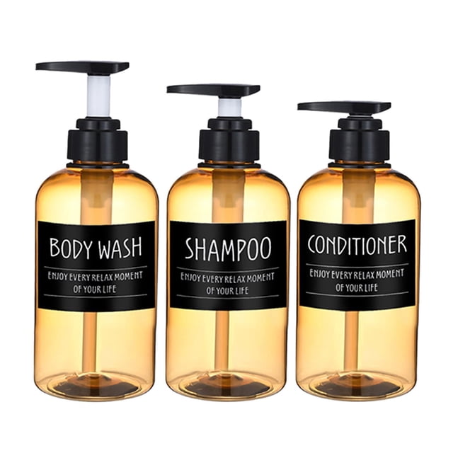 Advancent Dispensador de jabón espumoso de 3 piezas, loción, bomba de champú, botella de 500ml Juegos de accesorios de baño Etiqueta negra amarilla 300 ml