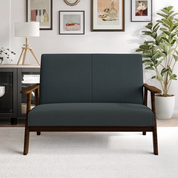 Castle Place Mid-Century Upholstered Linen Loveseat, Charcoal Grey
