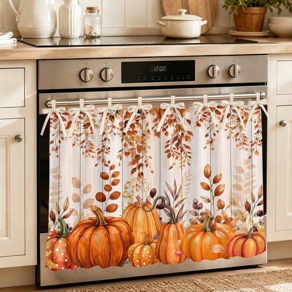 Oven Skirt Curtain for Kitchen 20x27 Inch, Fall Orange Pumpkins Oven Curtain with 8 Ribbon Ties & Ruffle Trim, Stove Skirt Curtain Dishwasher for Cabinets Over Sink Thanksgiving Autumn Vintage Leaves