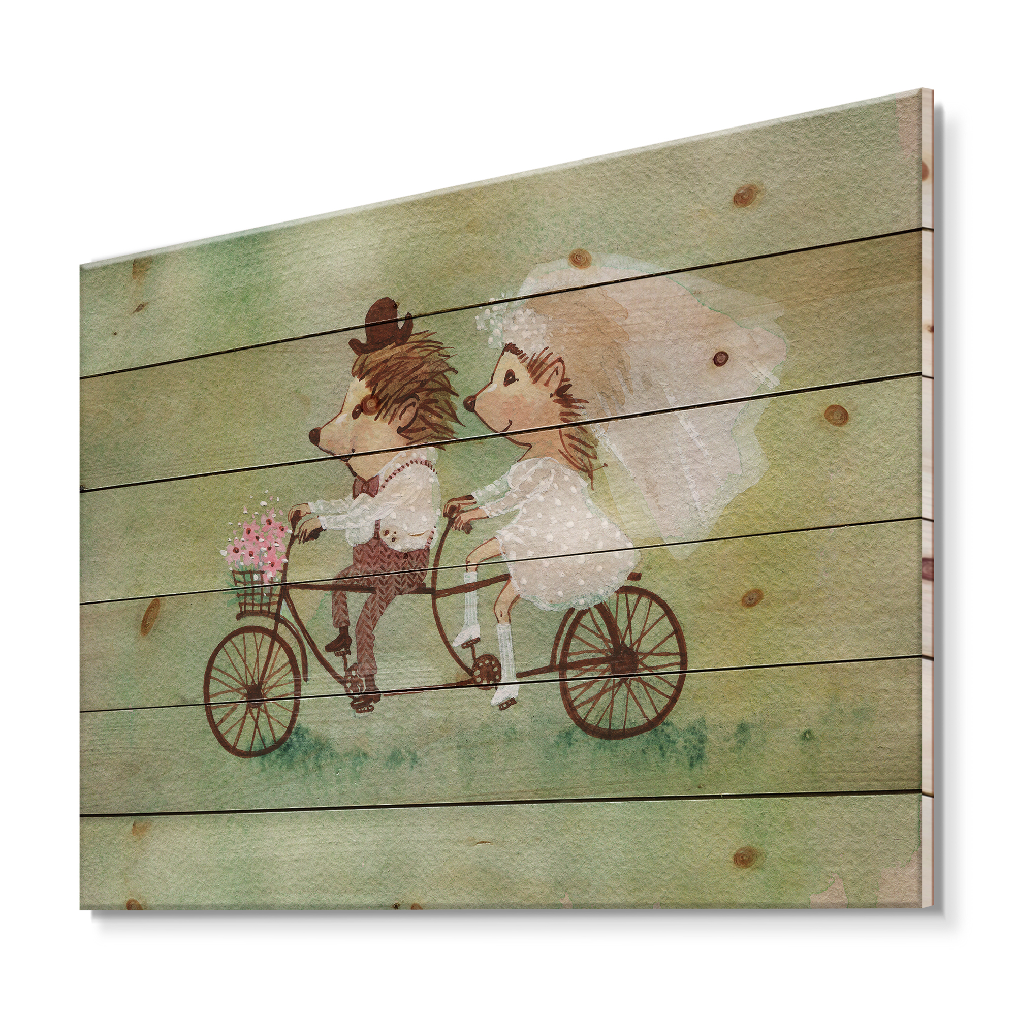 Designart 'Wedding Couple of Hedgehogs Riding A Bike' Traditional Print on Natural Pine Wood