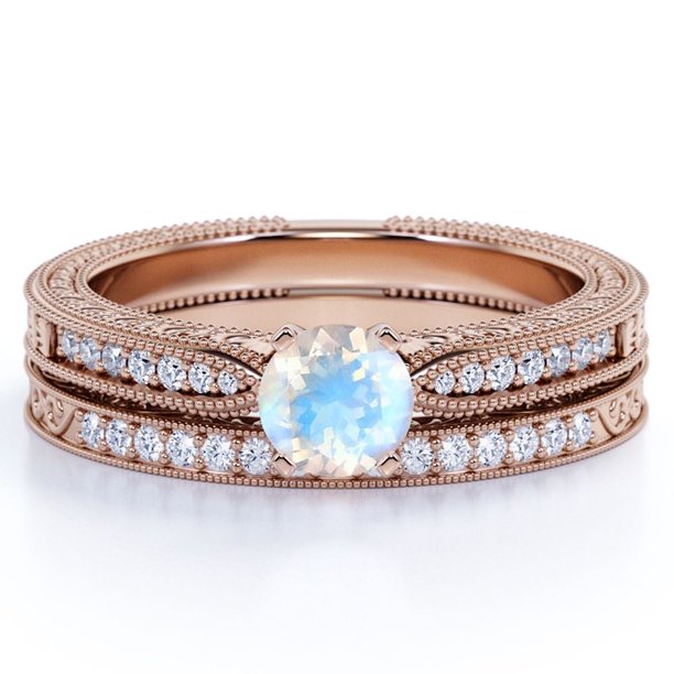 JeenMata Anillo de Compromiso de 1,75 Quilates con Piedra Lunar y Moissanita de Talla Redonda con Milgrains en Oro Rosa de 18 K sobre Plata