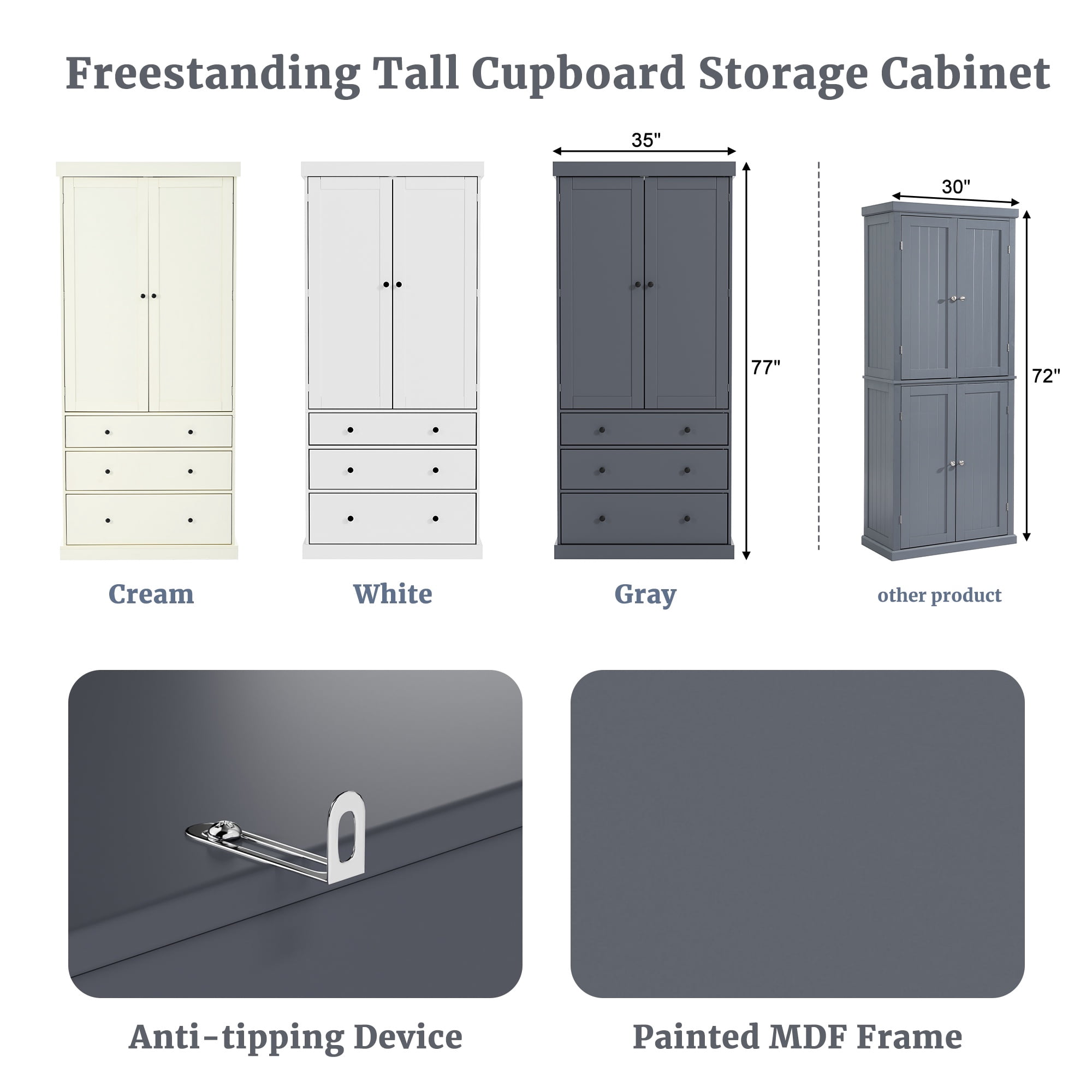 PAPROOS 77" Tall Kitchen Pantry Cabinet, Wood Pantry Storage Cabinet with 3 Drawers, 2 Doors, Farmhouse Cupboard Storage with 3 Adjustable Shelves, 8 Door Shelves for Dining Room, Craft Room, Grey