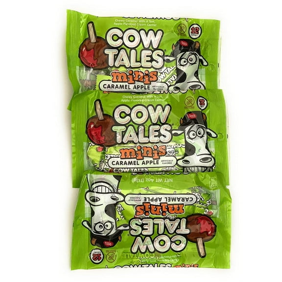 Happy Halloween Holiday 3-Pack Cow~Tales Minis Caramel Apple Chewy Caramel with A Tart Apple-Flavored Cream Center 4oz Each (Bundle KC Tingamajig)