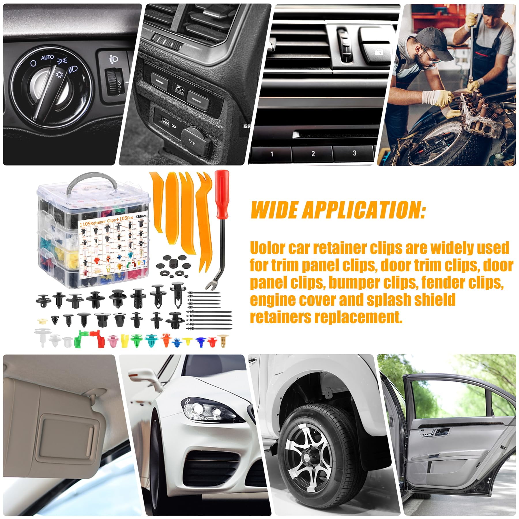 1240Pcs Car Retainer Clips & Fasteners Kit – 32 Universal Sizes Nylon Bumper, Fender Rivets, Door Panel Clips, and Plastic Rivets with 10 Cable Ties and Removal Tool for Toyota, Ford, Honda, Chevy
