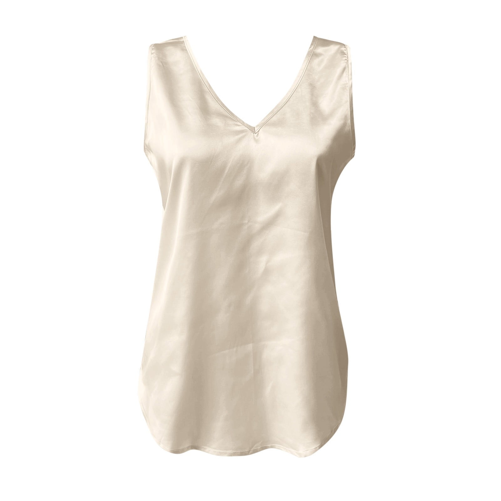 Rigardu Tank Tops For Women V Neck Silk Summer Satin Sleeveless Blouse Basic Camisole Shirts Beige+L