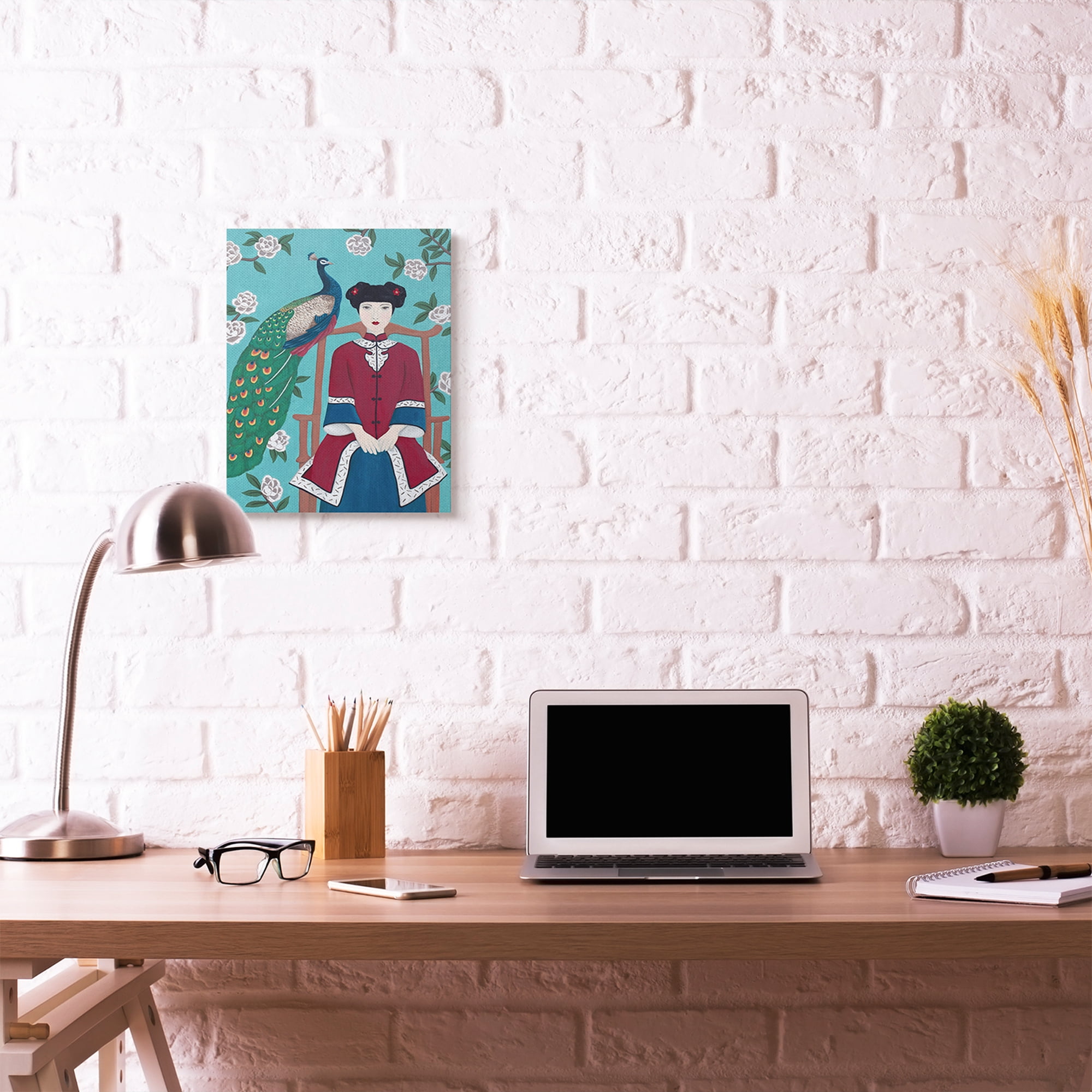 Stupell Home Décor Chinese Woman and Peacock Flower Pattern Blue Red Painting Canvas Wall Art by Sally B