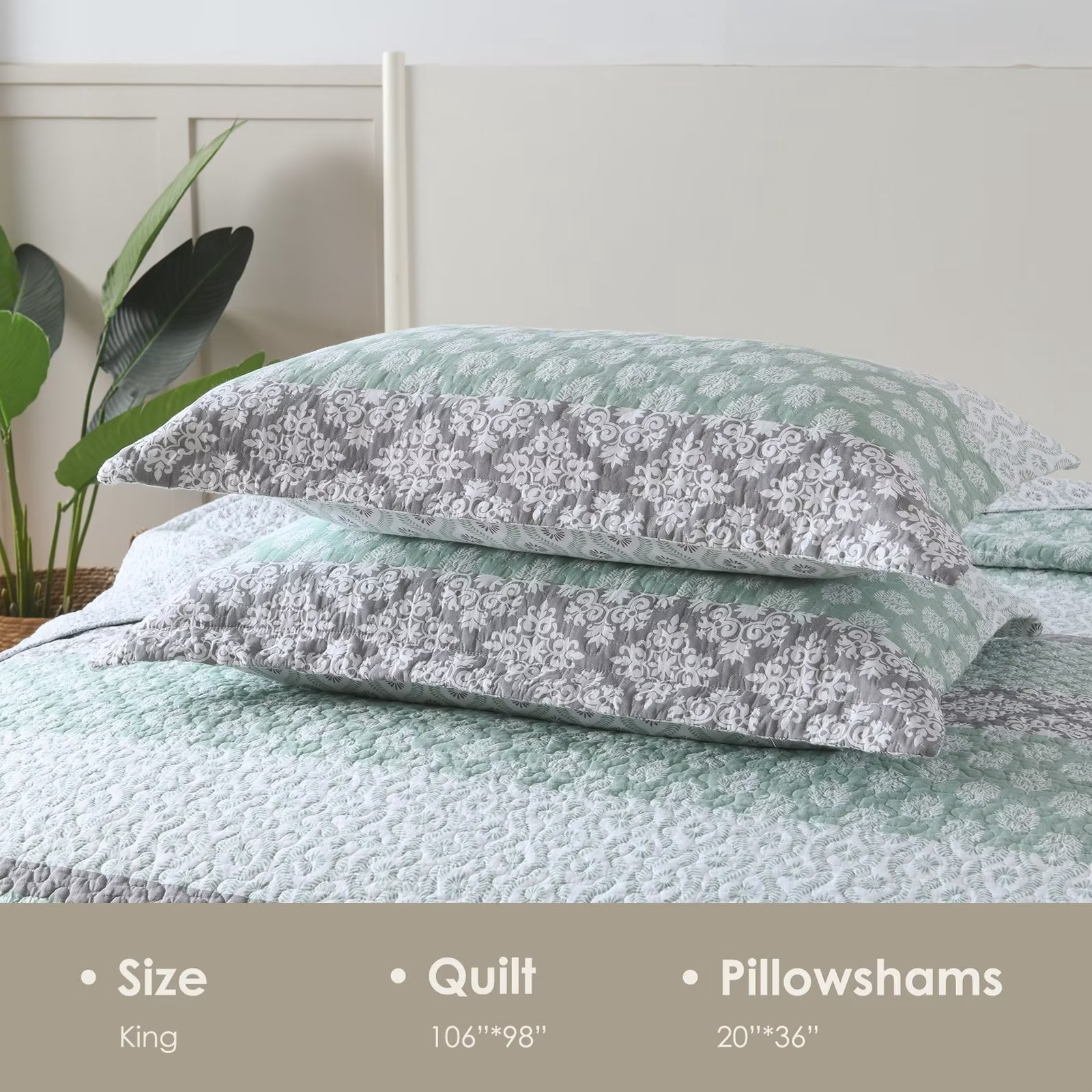 Bedduvit King Size Quilt Set, 100% Cotton Green Gray Spring Floral Striped Farmhouse Summer Bedspread King, Reversible Lightweight Bedding Quilt Set for King Bed, All Season 3-Piece (Green, 98"x106")