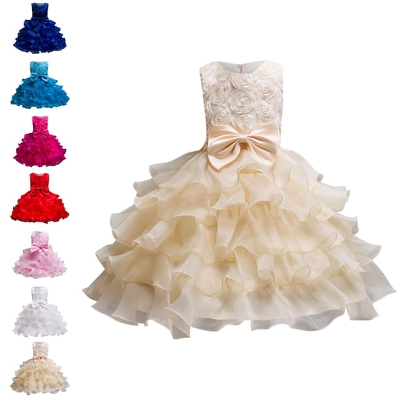 Bmisegm Girls Dresses Sleeveless Round Neck 3D Floral Bodice Big Bow Waist Layered Ruffled Tutu Formal Kids Dress 2-3 Years