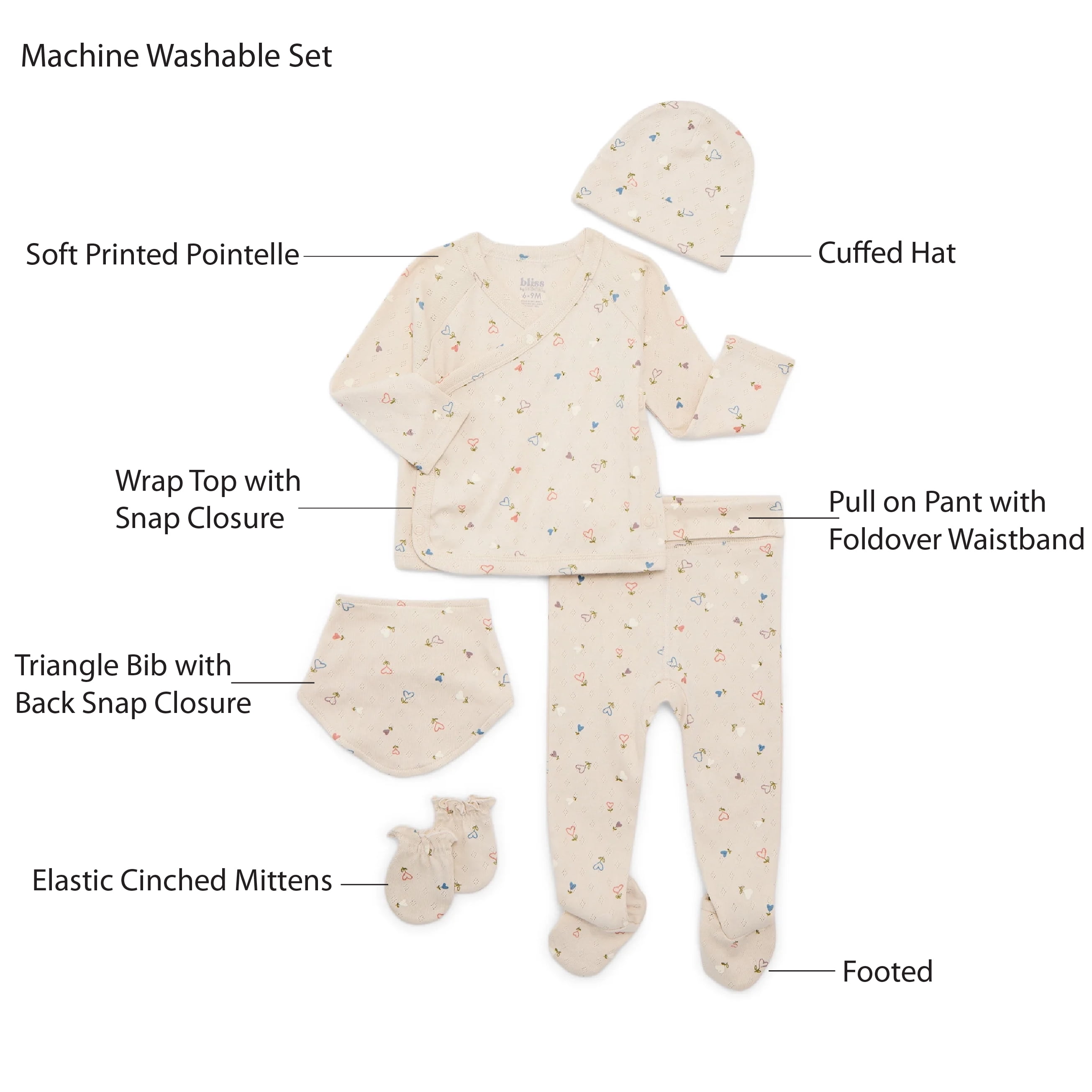Bliss by Garanimals Baby Layette Pajama, 5-Piece Set, Sizes 0–9M