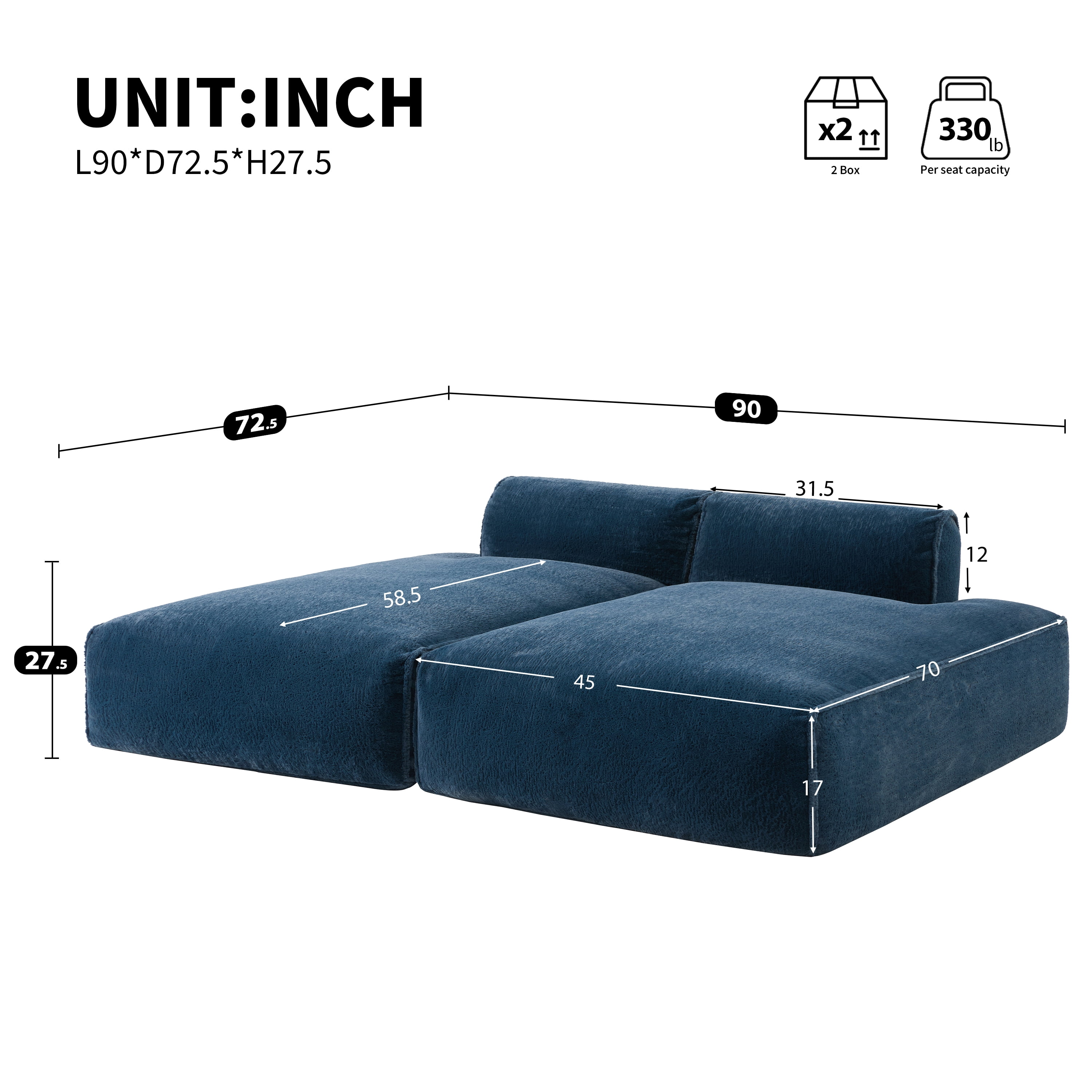 MAYEERTY 90" Oversized Modular Sofa Bed, Elderly-Friendly 2-PC Set, No Assembly, 3 Colors