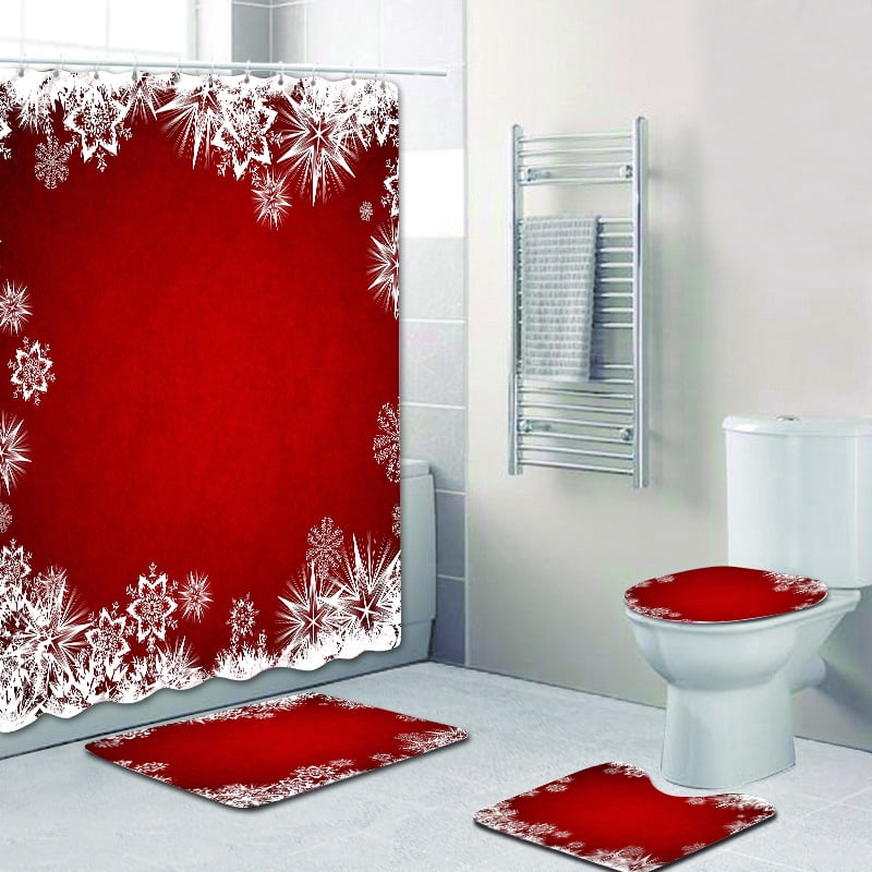 Christmas Bell Star Hanging Ornament Shower Curtain Set Bathroom Mat Waterproof 