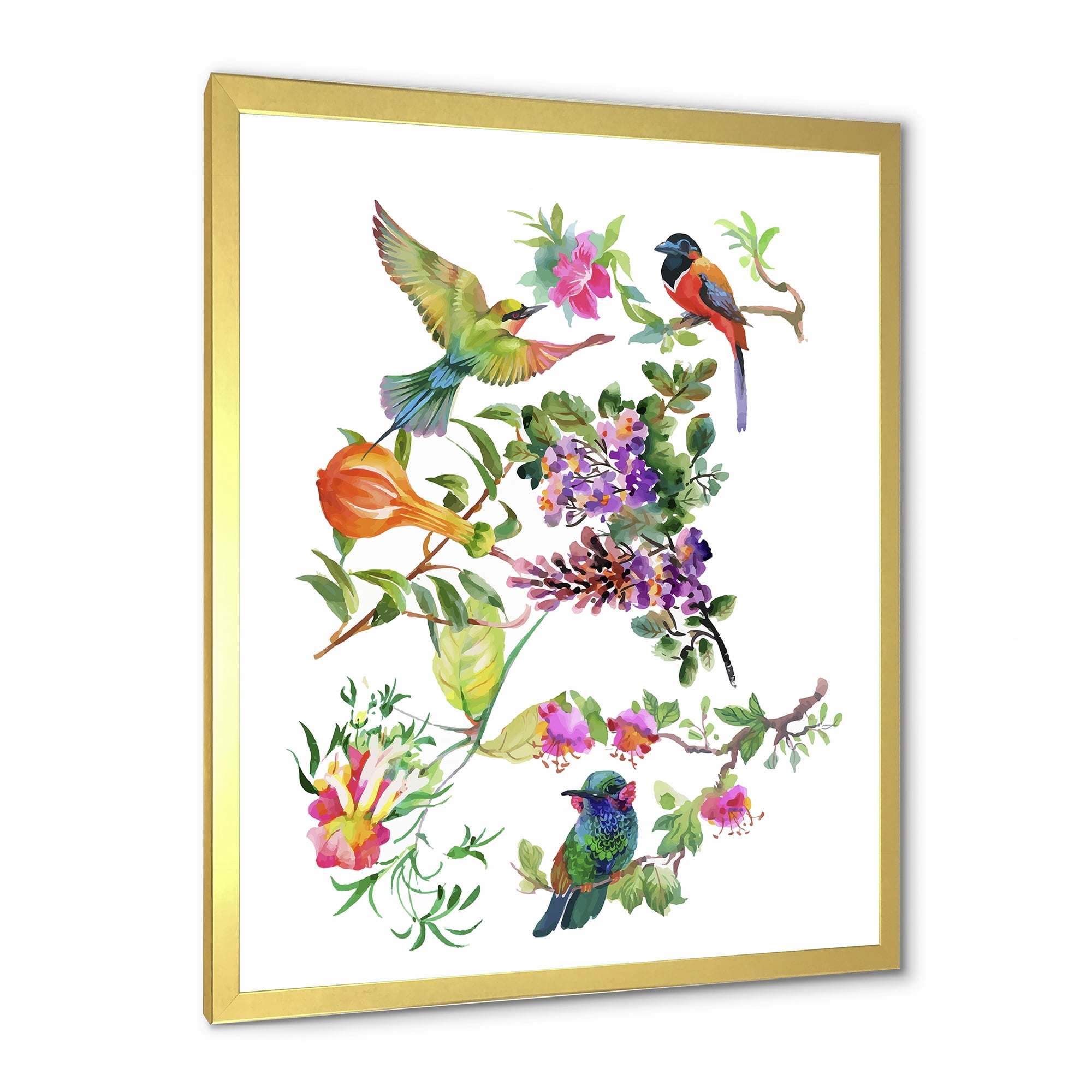 Designart 'Colourful Birds and Tropical Flowers II' Traditional Framed Art Print