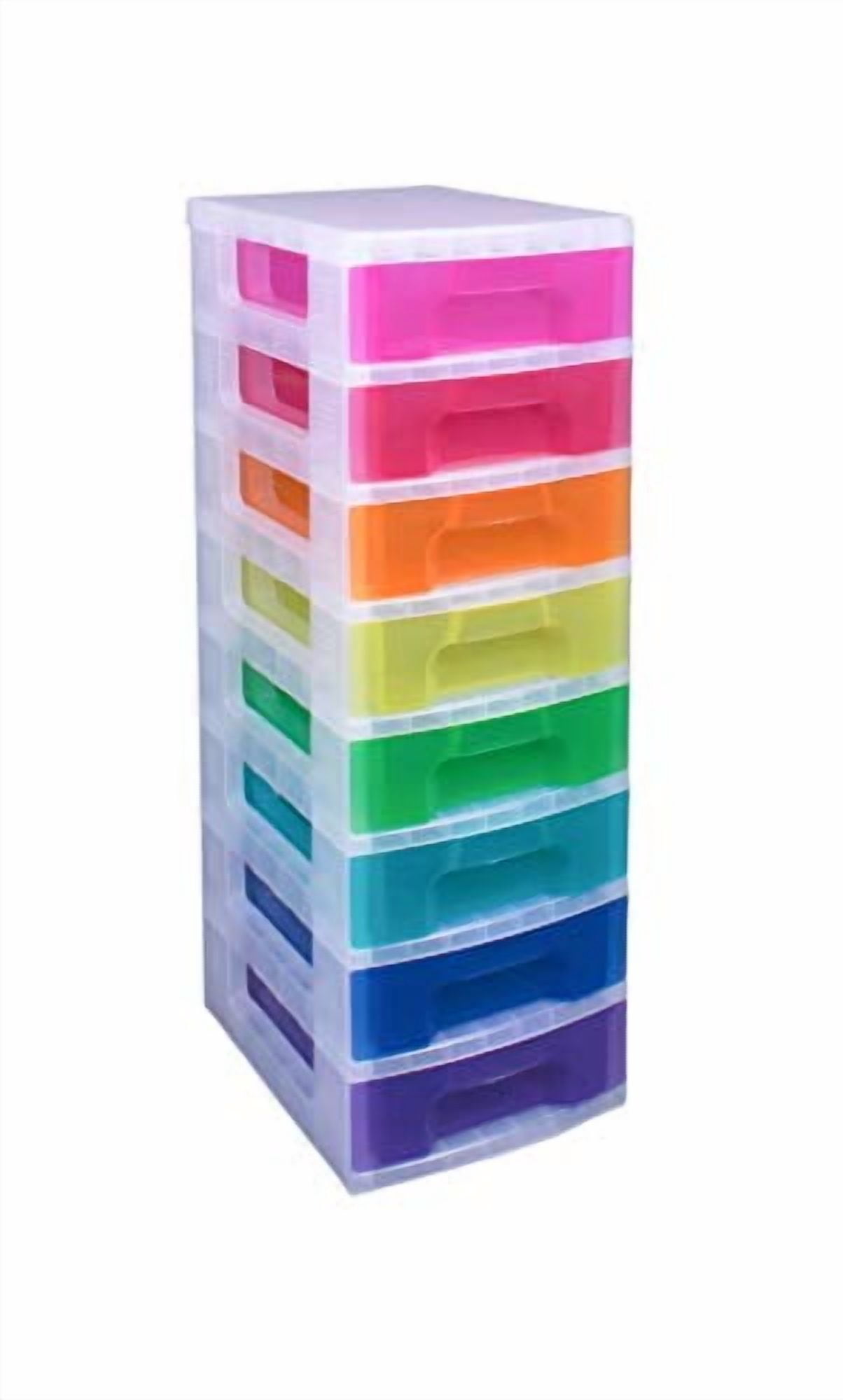 Really Useful Box® Plastic 8-Drawer Storage Tower, 7 Liters, 36 1/2" x 15 3/4" x 12", Clear/Rainbow