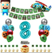 41 Pieces Minecraft Gaming Party Balloons with Age Number Balloon and Birthday Cake/Banner Decor Gamer Party Favors 8 years
