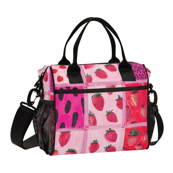 Ckdifva Strawberries and Pink Leopard Cooler Bag Cooler Cooling Tote Lunch Bag Lunch Box Front Pocket with Shoulder Strap