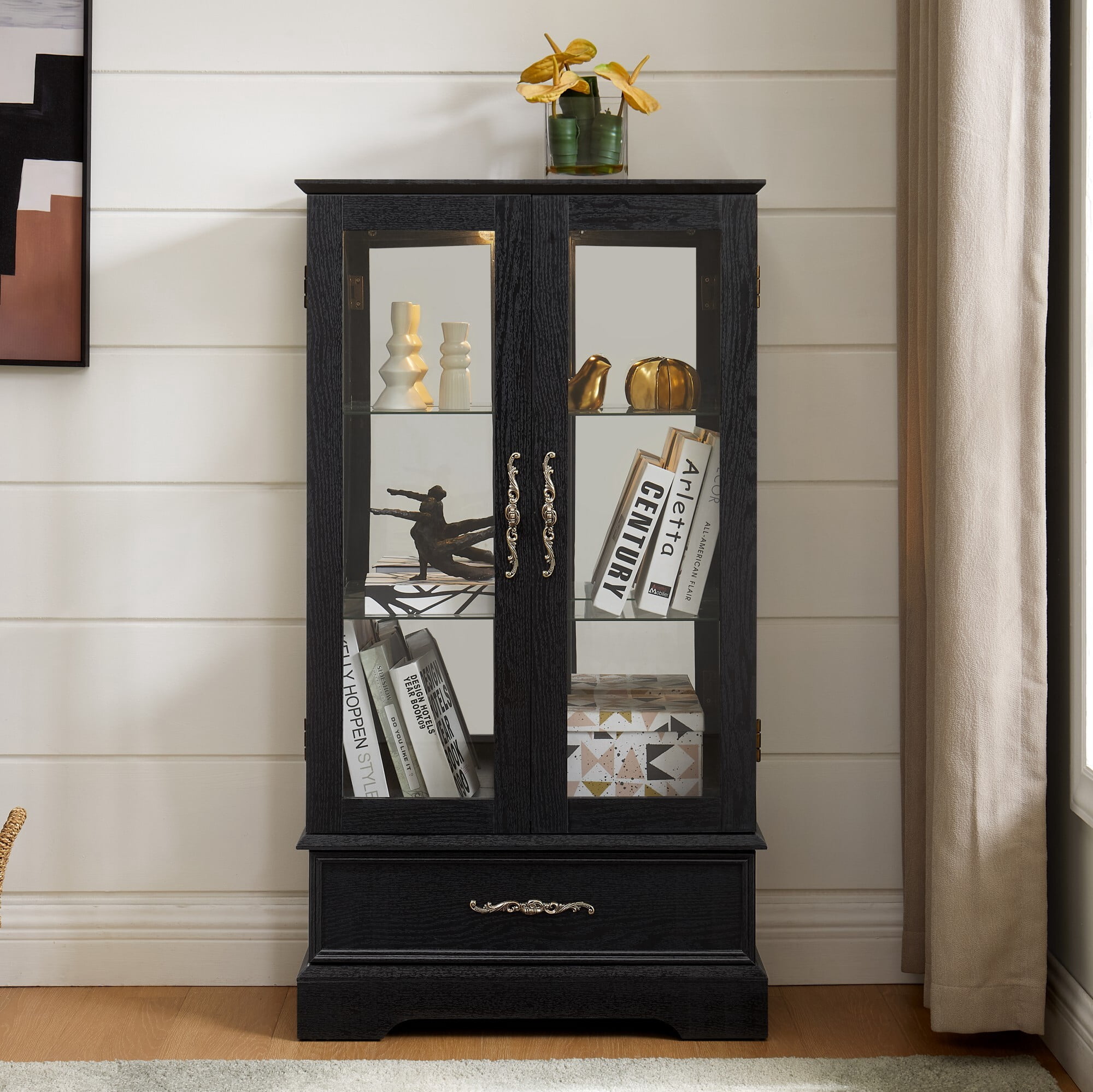AENKYO 47" Retro Glass Curio Cabinet with Light Bulb - Vintage Display Case with Adjustable Glass Shelves, Black