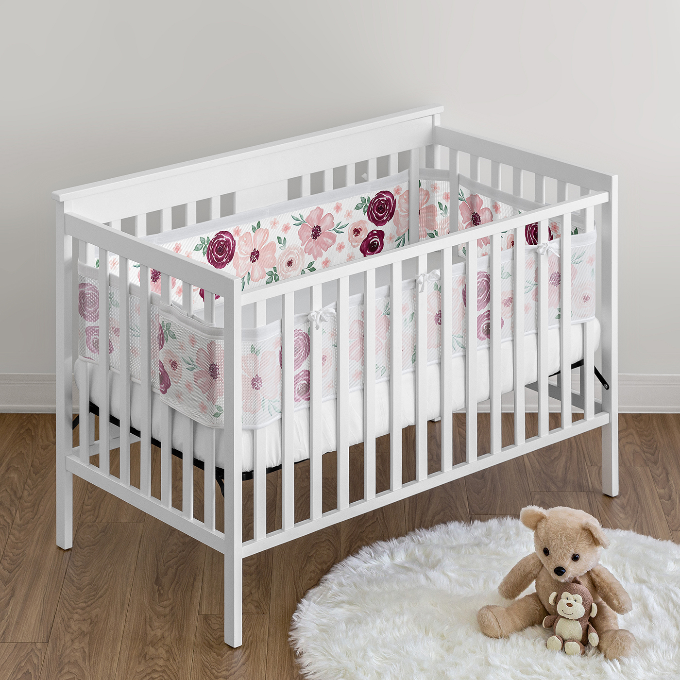 Sweet Jojo Designs + BreathableBaby Watercolor Floral Burgundy Wine and Pink Girl Breathable Mesh Crib Liner