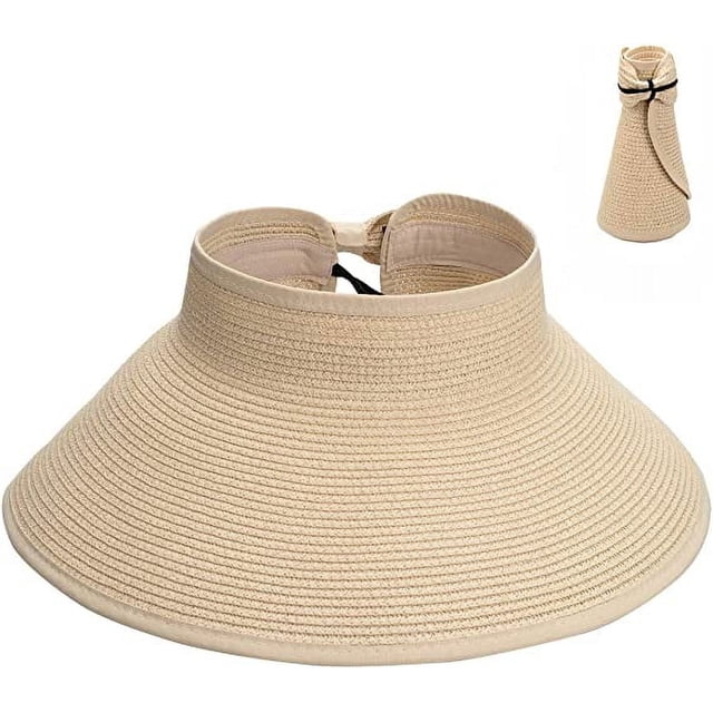 Visera de paja para playa, sombrero de ala ancha para mujer, protección de verano UPF 50+, color beige