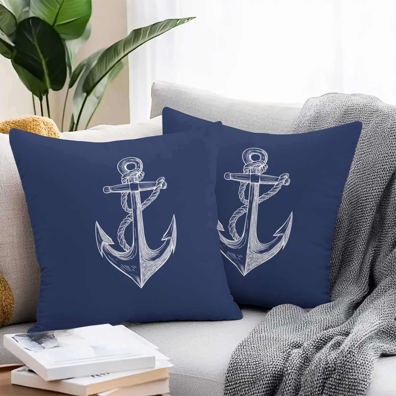 Throw Pillow Covers 16x16 Inch Set of 2, Nautical Anchor Waterproof Outdoor Pillow Covers, Navy Blue Coastal Marine Minimalist Rope Decorative Cushion Pillowcases for Couch, Sofa, Bed, Garden, Patio