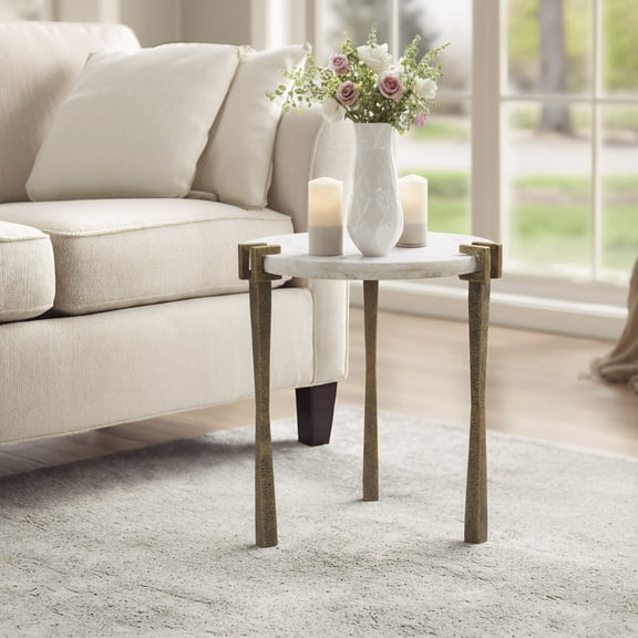 Rench Side Table White End Table, Modern Style, Natural Marble round shape tabletop, Iron, Indoor Living