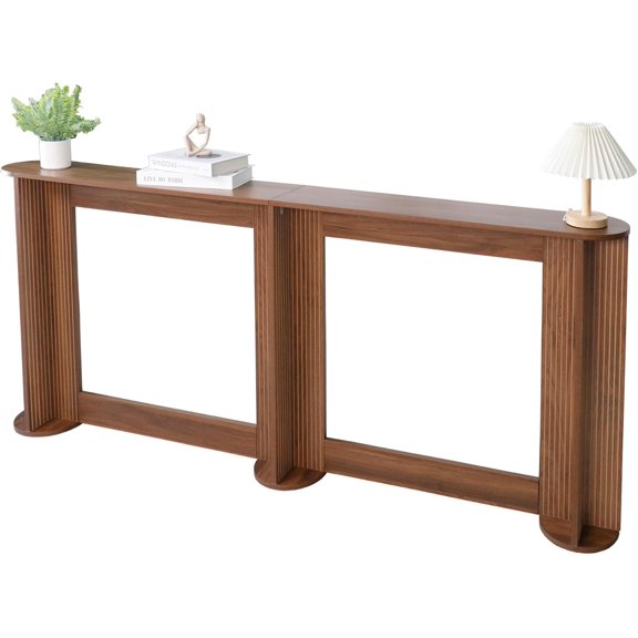 71 Inch Narrow Console Table Behind Couch, Mid-Century Modern Fluted Skinny Entryway Table, Long Slim Sofa Table for Hallway, Living Room, Wood, Brown, Walnut
