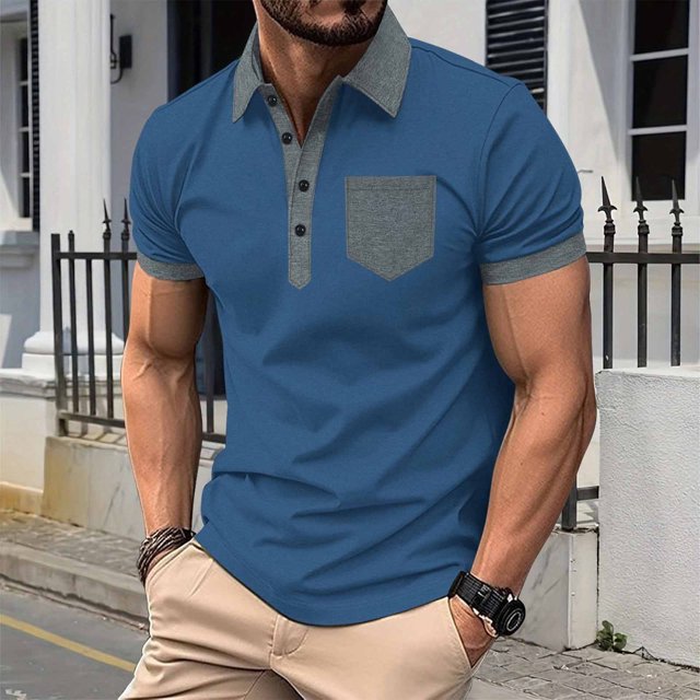 pstuiky camisetas de manga corta para hombre, Camisa de manga corta con botones y bolsillo para hombre, con cuello abatible y bloques de color ropa de hombre s