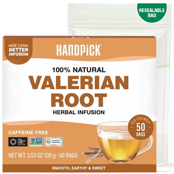 HANDPICK, Valerian Root Tea Bags (Valeriana) 50 Count | Non-GMO, Caffeine Free, Real Ingredients | Earthy/Woody Herbal Tea Bags | Round Eco-conscious Teabags