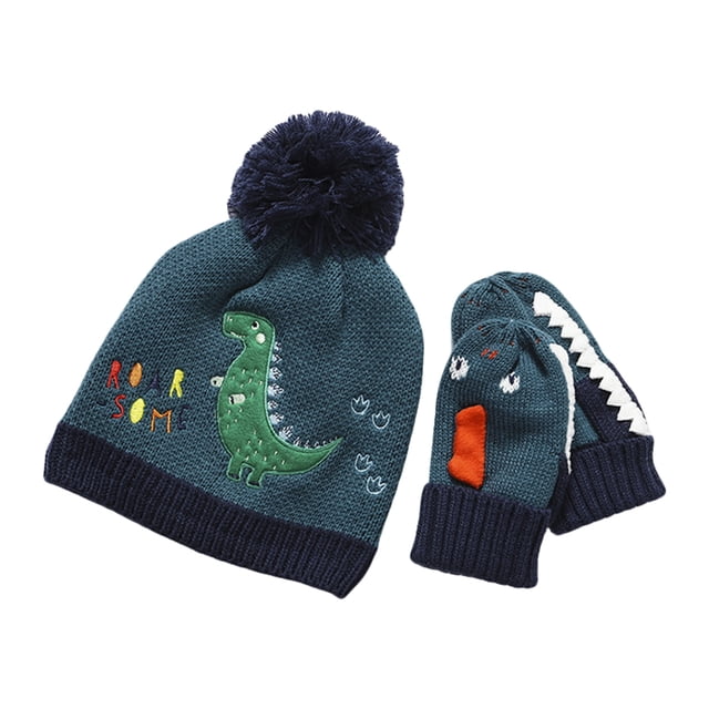 Gorro De Punto De Invierno Para Niños, Conjunto De Guantes, Dinosaurio De Dibujos Animados, Unicornio, Gorro Cálido De Punto Con Pompón, Regalos Para Niños Y Niñas seitruly AP008000-02