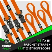 Rhino USA 1 x 15 Ratchet Strap Tie Down with Safety S Hooks- 1,823lb Break Strength - Orange 4 Pack