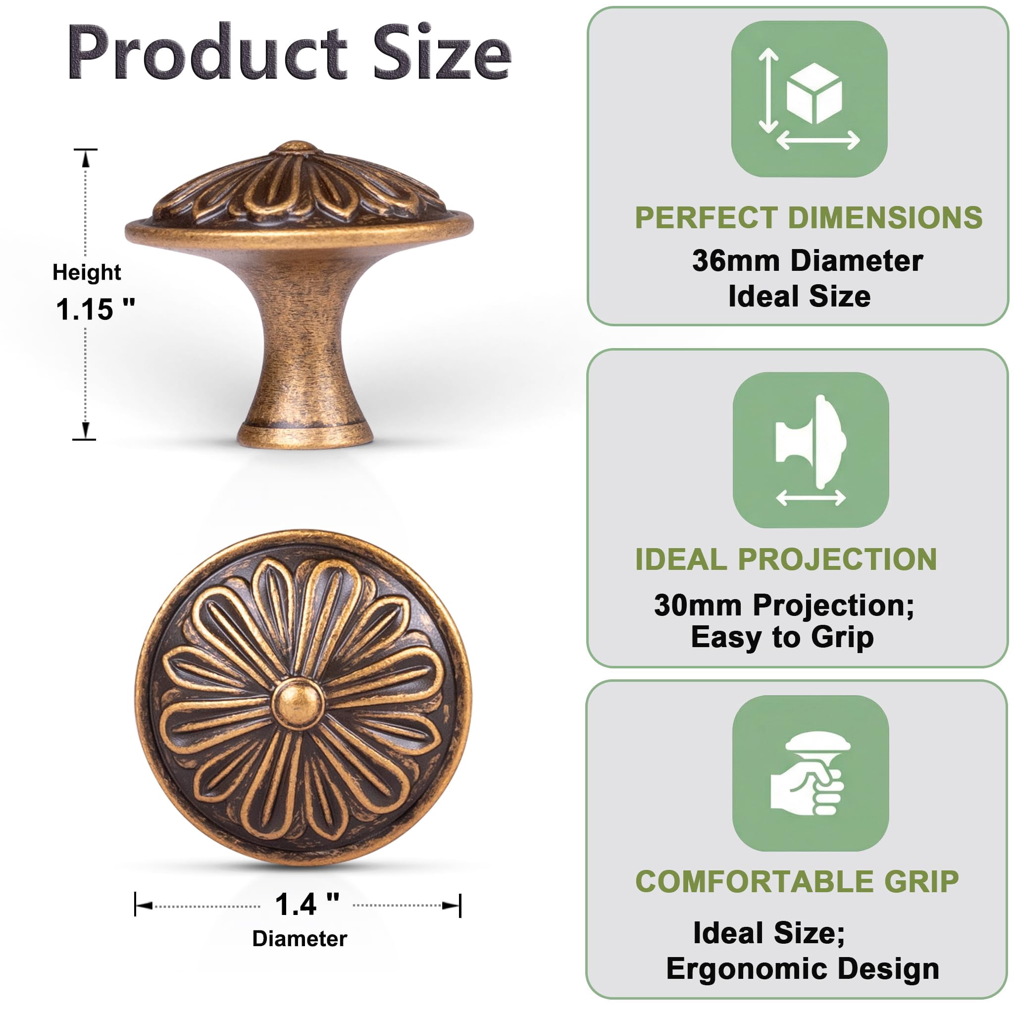 Antique Brass Cabinet Knobs Handles 10 Pack,Solid Zinc Alloy 1.4"Dia Round,Vintage Brass Kitchen Cabinet Handles for Cabinets and Drawers,Drawer Knobs Pulls Vintage Dresser Knobs Closet Door Knobs