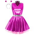 thumbnail image 3 of iiniim Women Alien Cosplay Lapel V Neck Sleeveless A-line Hem Tulle Layers Metallic Dress with Hair Hoop for Role-playing Theme Party Stage Dance Rose 3XL, 3 of 7