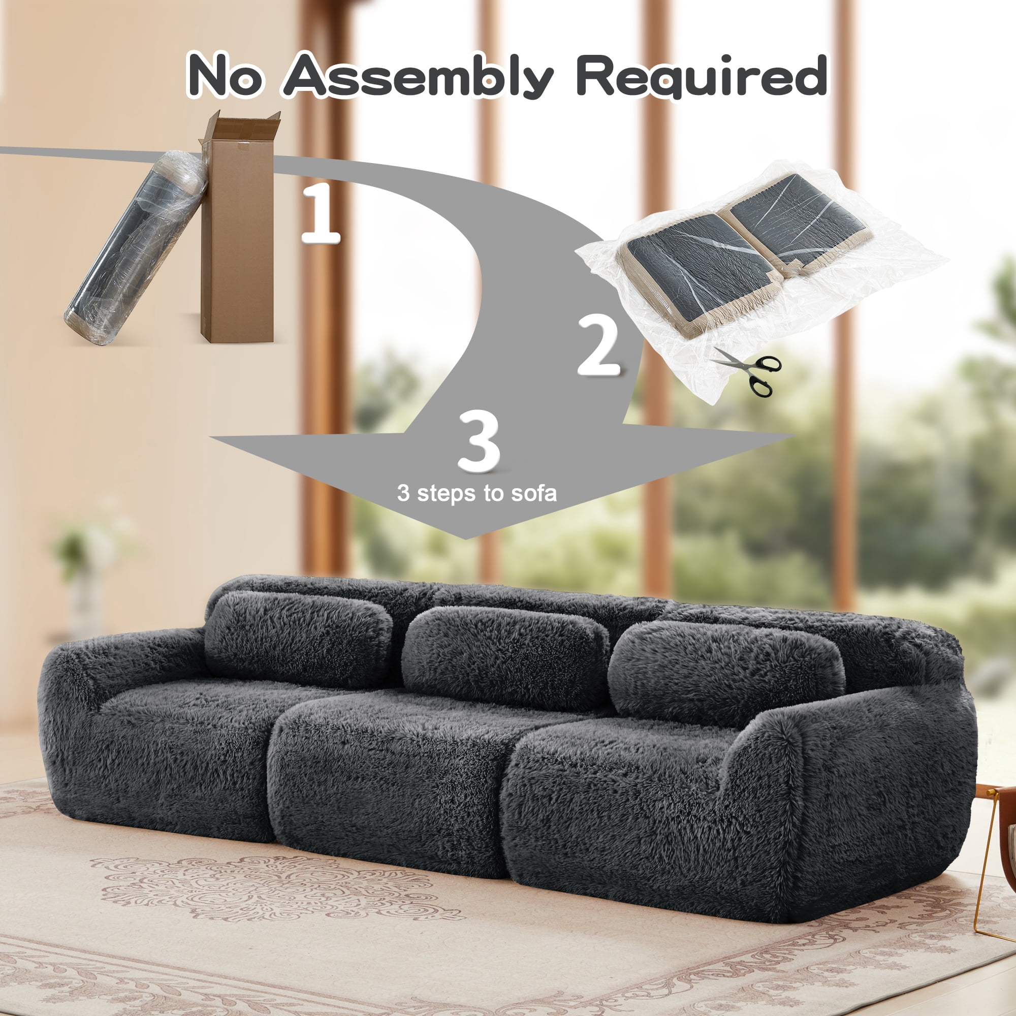 MAYEERTY 114" Plush Modular Sectional Sofa, Gray Ergonomic Couch, Vacuum Compression Buckle Connection with Throw Pillows for Study Home Theater