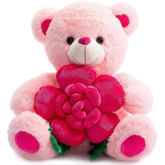 Teddy Bear Stuffed Animals Plush Bear Holding Rose Soft Plush Toy Valentine's Day, 30cm, Pink