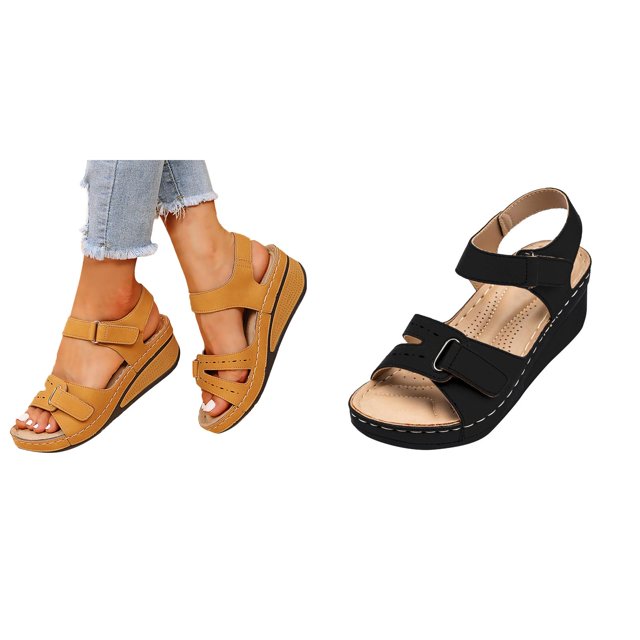 (2-Pack) Rinsvye Women Wedge Sandals Comfortable Slip On Shoes Easy To Wear Versatile Style Perfect For Daily Use Summer Breathable Fabric Soft Inner Sole Statement