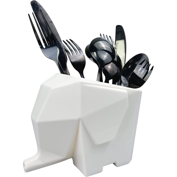 Escurridor de cubiertos con forma de elefante, soporte para esponja, fregadero de cocina blanco con orificio de drenaje para guardar cuchillos y tenedores, soporte para esponja, soporte para cepillo