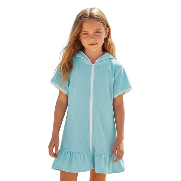 Girls Swim Suit Cover Up Zipper Hooded Green Terry Cloth Swim Cover Up Girls Swim Dresses Girls Cover Ups 7-8 Years