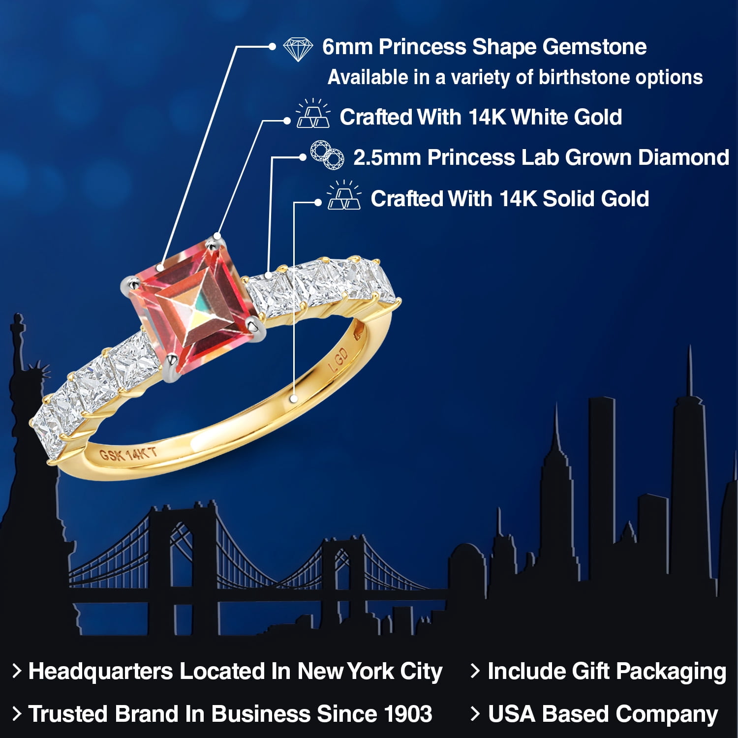 Gem Stone King 14K White And Yellow Gold Ecstasy Mystic Topaz and Lab Grown Diamond Engagement Ring for Women | 2.16 Cttw | Princess 6MM | Gemstone November Birthstone | Size 9