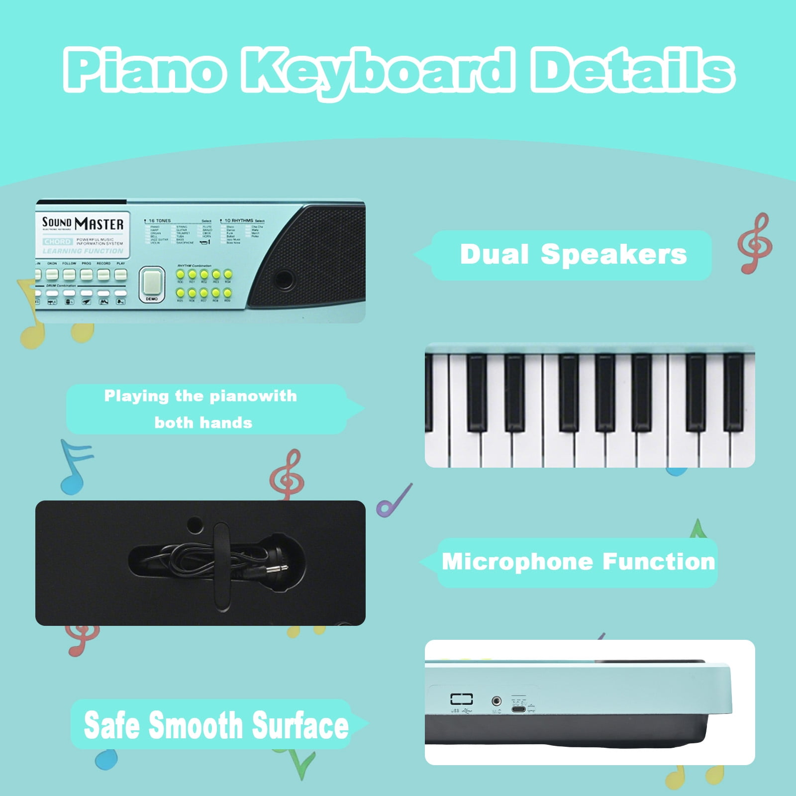 61 Keys Piano Keyboard for Kids, Electronic Keyboard Piano with Built-In Dual Speakers and Microphone, Portable Keyboard Musical Instrument Gift for Boys Girls Beginners Ages 6-12