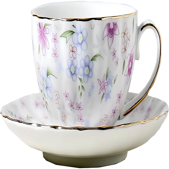 BPPEG Country Style Floral Tea Cup and Saucer Set,6 Ounces Cappuccino Coffee Cup with Gold Trim,Porcelain Teacups for Women and Tea Parties