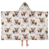 Beige Highland Cow Flower Pattern Hooded Bath Towel，50"x30" for Ages 3 To 12 Kids, Quick Dry Lightweight Soft Microfiber Hood Beach Towel Cover Up for Kids