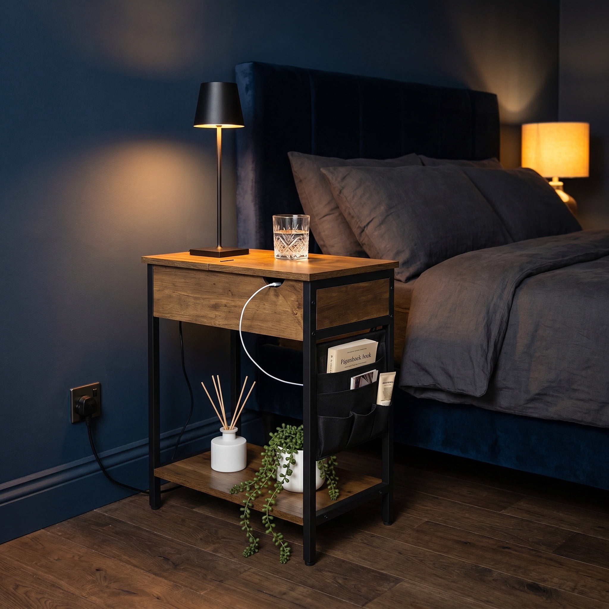 Rustic Walnut and Black Industrial Side Table with Built-In Charging Station, USB Ports, and Side Fabric Storage Pockets