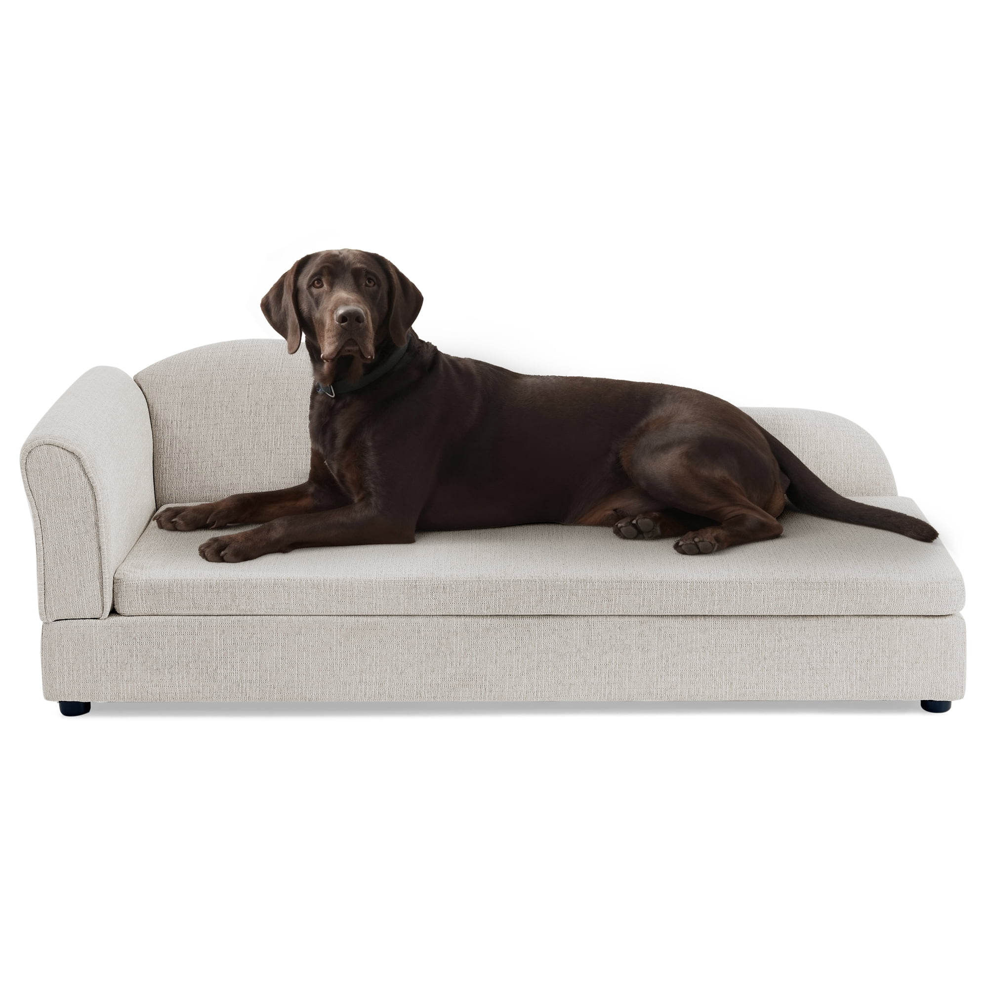 Oversized Pet Sofa for Medium/Large Dogs, Modern Irregular Wave Backrest, Single Armrest, Premium Breathable Linen Fabric, Soft Cushion & Low Plastic Feet, Beige