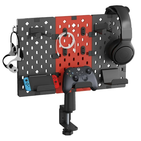 Modular Headphone and Controller Holder for Game, Clamp-on Pegboard, Rotatable Controller Stand with Cable Hooks, Gaming Accessory for Xbox PS5 PS4 Nintendo Switch, 3Pcs Pegboard, Red