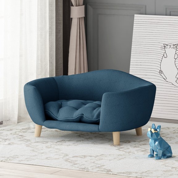 GDF Studio Samuel Mid Century Small Plush Dog Bed, Navy Blue and Natural Finish