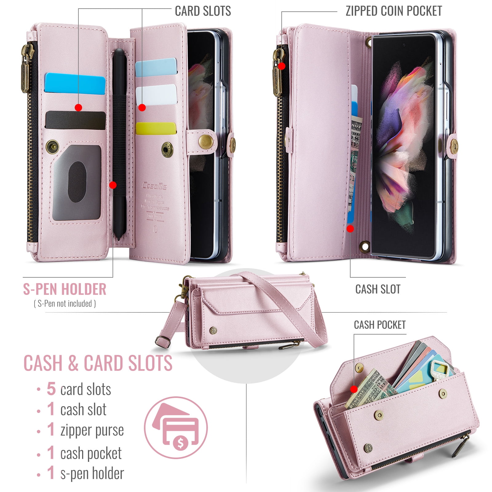 Dteck for Samsung Galaxy Z Fold 5 Case with RFID Blocking Wallet Case for Women Men, Shockproof PU Leather Magnetic Flip Strap Zipper Card Holder Phone Case,Pink