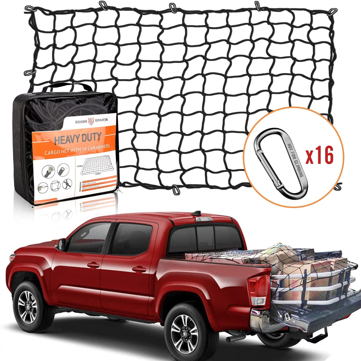Trunk 3 x 4 Bungee Cargo Net Stretches to 6 x 8 with 12 Bonus D Clip Carabiners for Oversized Rooftop Cargo Rack Trailer SUV Universal Car Rear Organizer Net Small Trucks 