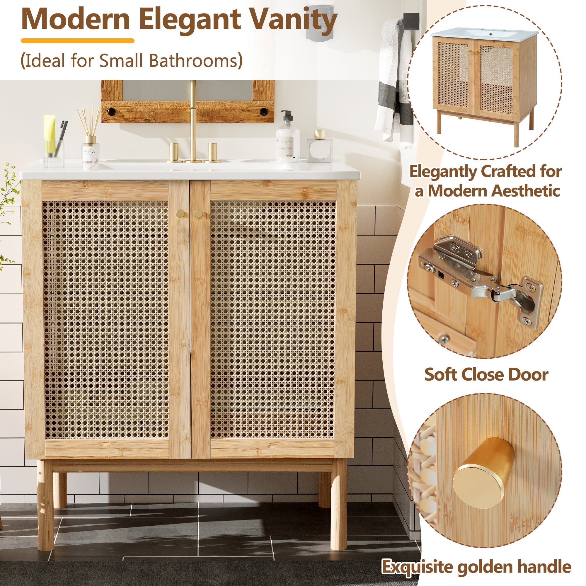 Harper & Bright Designs 30" Rattan Bathroom Vanity Combo with Ceramic Sink, Bathroom Vanity Cabinet with Soft Close Doors, Wood