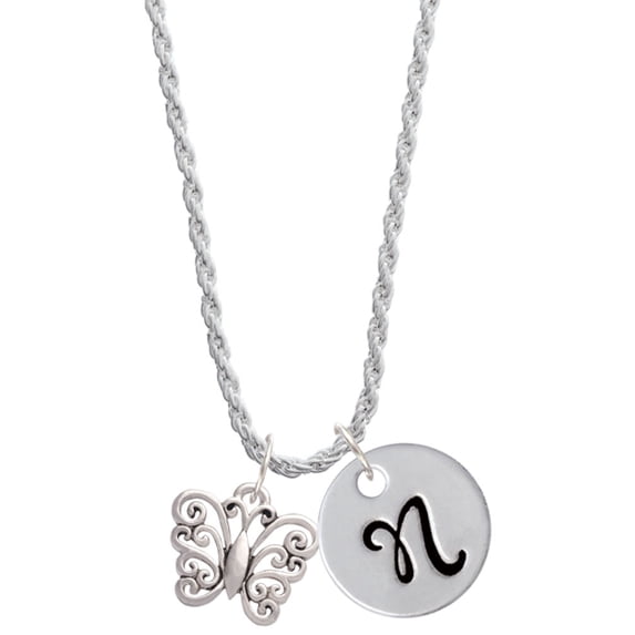 Delight Jewelry Filigree Curls Butterfly Silvertone Script Initial Disc - N - Charm Necklace, 20"+3"