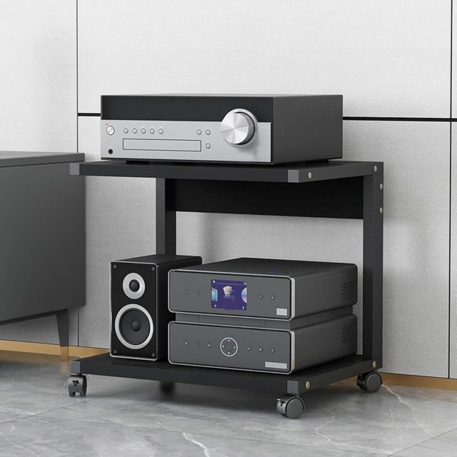 AV Media Stand with Wheels, 2-Tier Audio-Video Shelving, Modern Stereo Rack, Media Storage Tower Corner Entertainment Center, for Living, Gaming Room